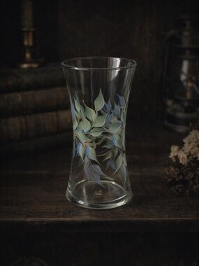 Hand Painted Art Glass Vase Signed Leaf Design Blue Green 8”
